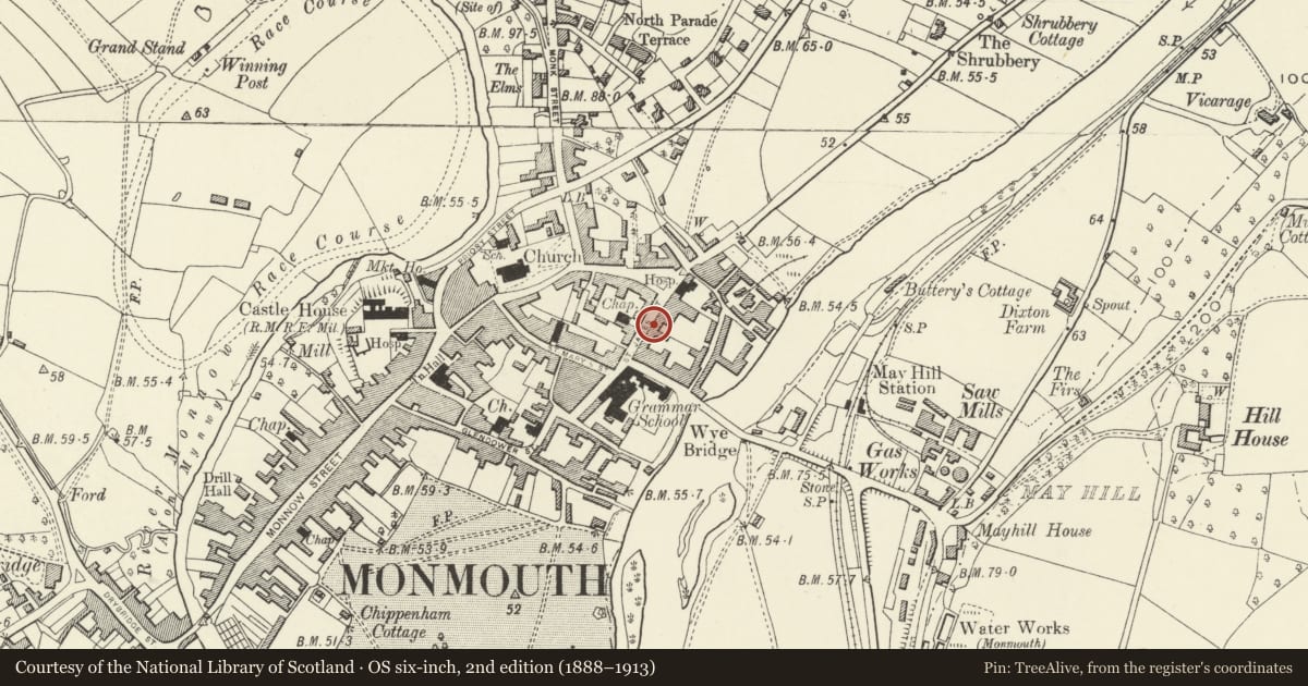 Ordnance Survey six-inch map, 2nd edition (1888–1913) covering the location of 7 St. James' Street, Monmouth, Monmouthshire, with a pin at the register's coordinates