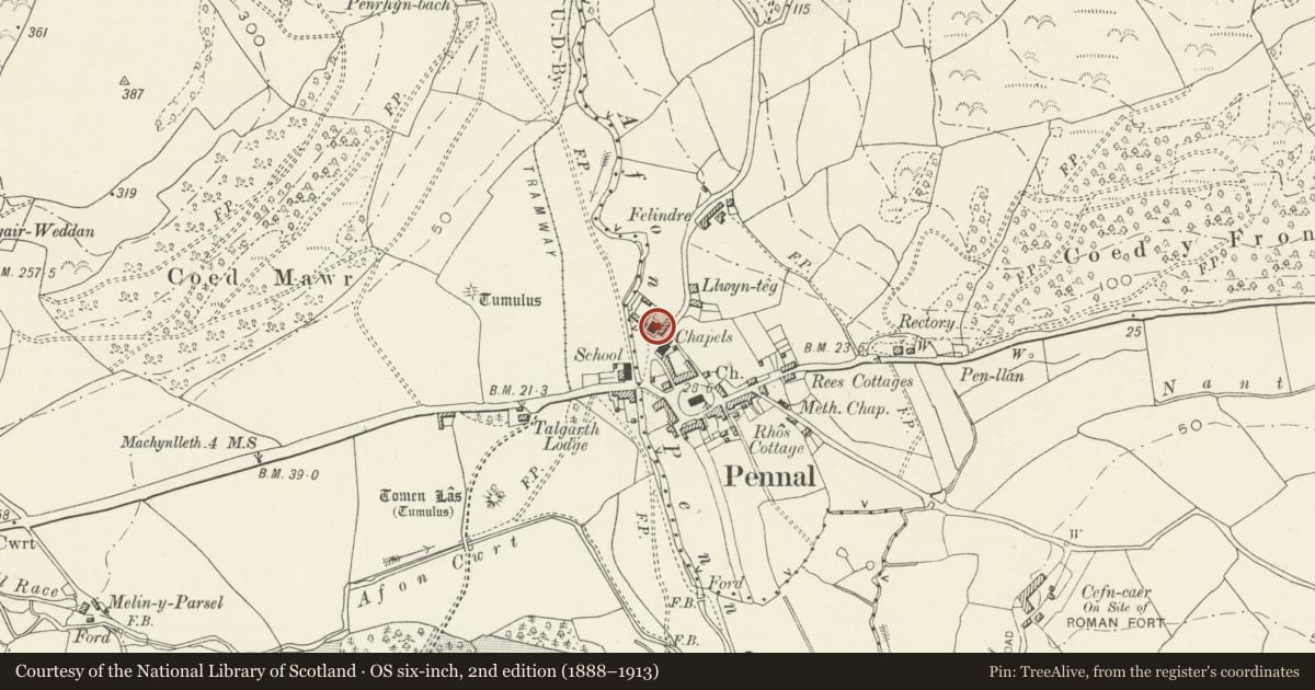Ordnance Survey six-inch map, 2nd edition (1888–1913) covering the location of Capel Annibynwyr Carmel, including front railed forecourt, Pennal, Gwynedd, with a pin at the register's coordinates