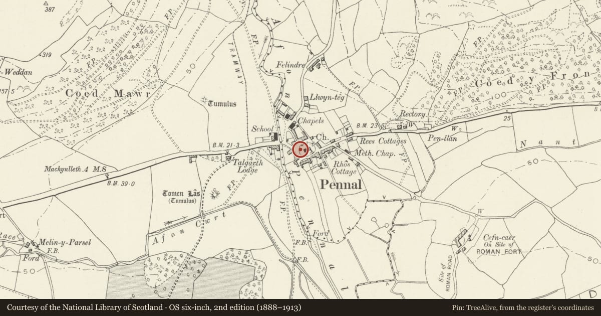 Ordnance Survey six-inch map, 2nd edition (1888–1913) covering the location of Telephone Call-box, Pennal, Gwynedd, with a pin at the register's coordinates