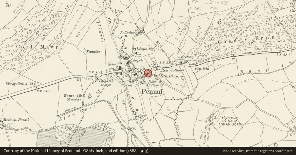 Ordnance Survey six-inch map, 2nd edition (1888–1913) covering the location of Tithe Barn Cottages, Pennal, Gwynedd, with a pin at the register's coordinates