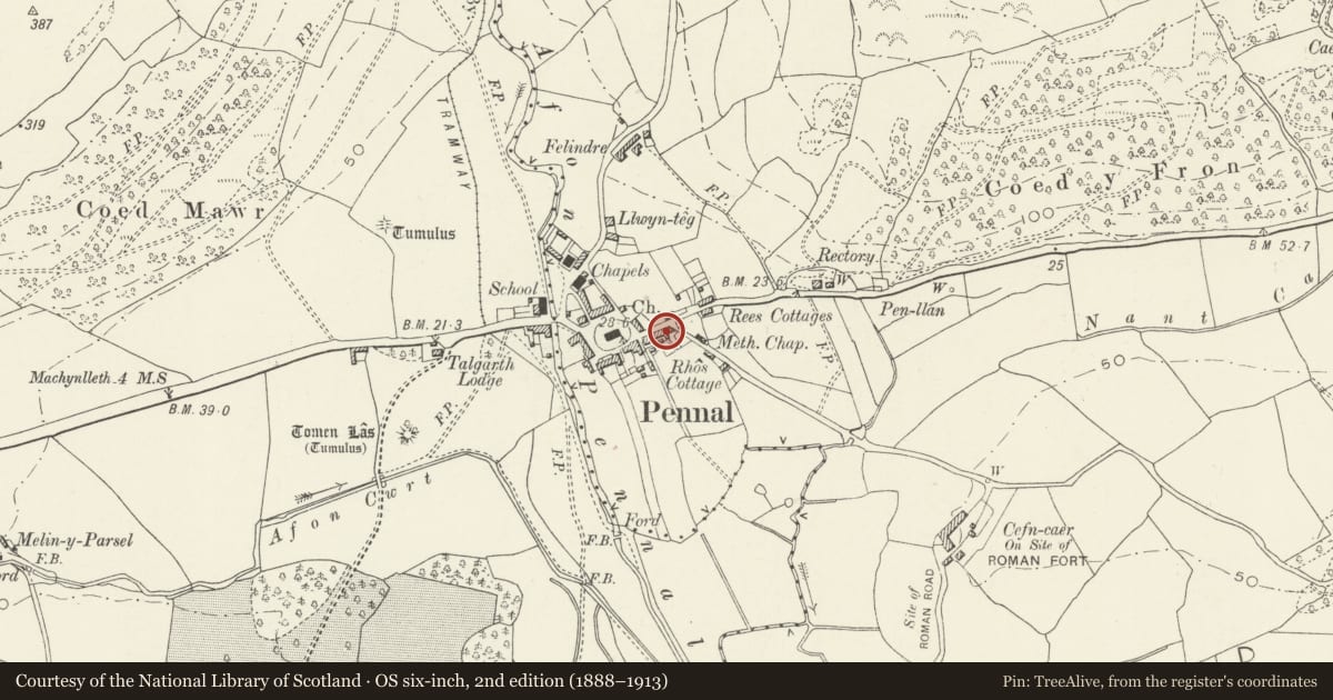 Ordnance Survey six-inch map, 2nd edition (1888–1913) covering the location of Tithe Barn Cottages, Pennal, Gwynedd, with a pin at the register's coordinates