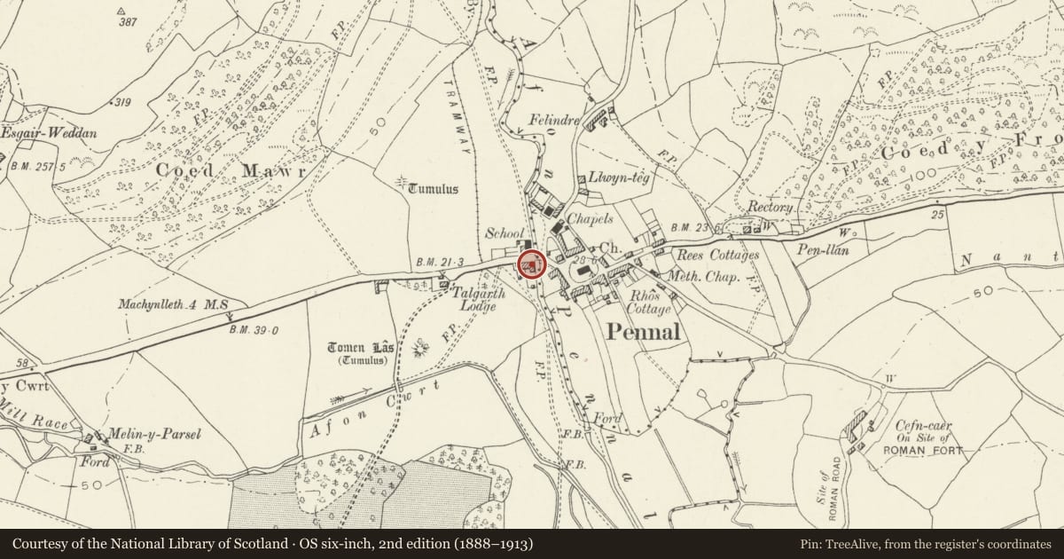 Ordnance Survey six-inch map, 2nd edition (1888–1913) covering the location of Ty-bont, with Post Office and General Stores, Pennal, Gwynedd, with a pin at the register's coordinates