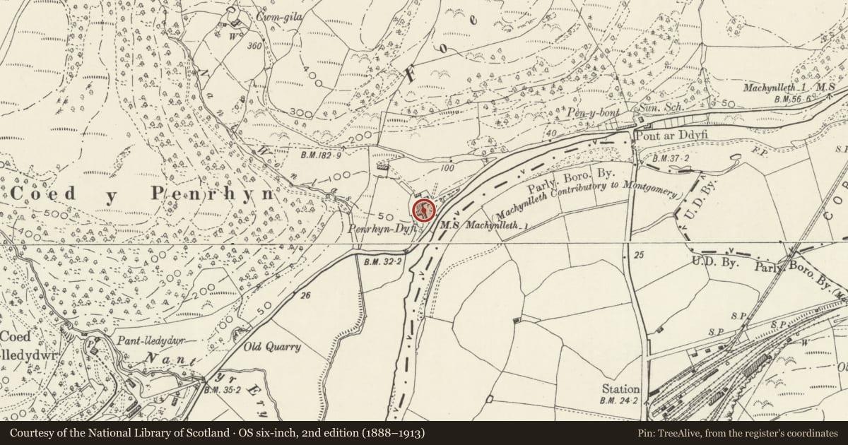 Ordnance Survey six-inch map, 2nd edition (1888–1913) covering the location of Farm Range at Penrhyn-dyfi, Pennal, Gwynedd, with a pin at the register's coordinates