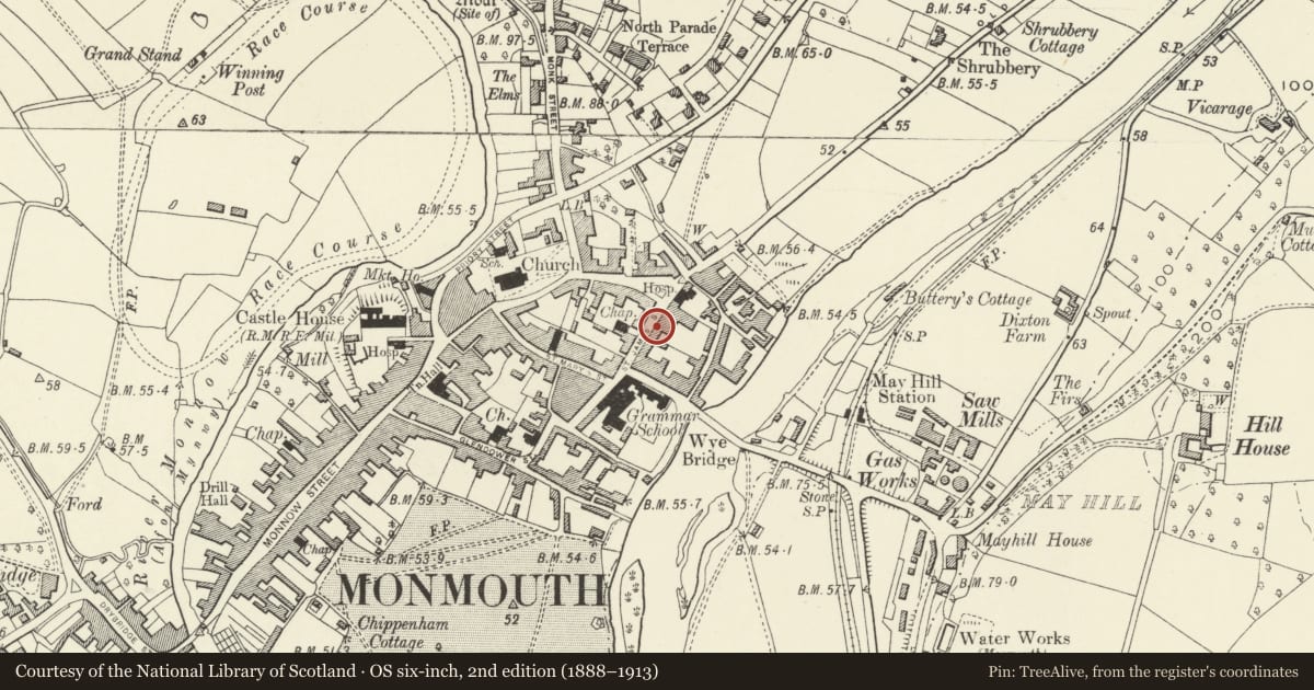 Ordnance Survey six-inch map, 2nd edition (1888–1913) covering the location of 9 St. James' Street, Monmouth, Monmouthshire, with a pin at the register's coordinates