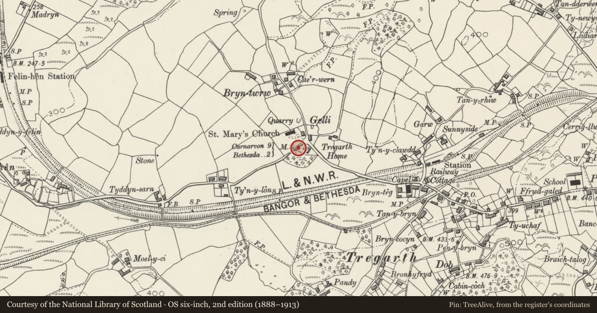 Ordnance Survey six-inch map, 2nd edition (1888–1913) covering the location of Milestone, Llandygai, Gwynedd, with a pin at the register's coordinates
