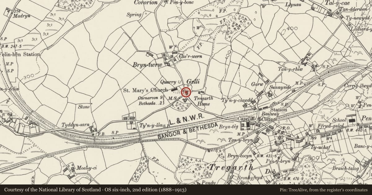 Ordnance Survey six-inch map, 2nd edition (1888–1913) covering the location of Gelli, Llandygai, Gwynedd, with a pin at the register's coordinates