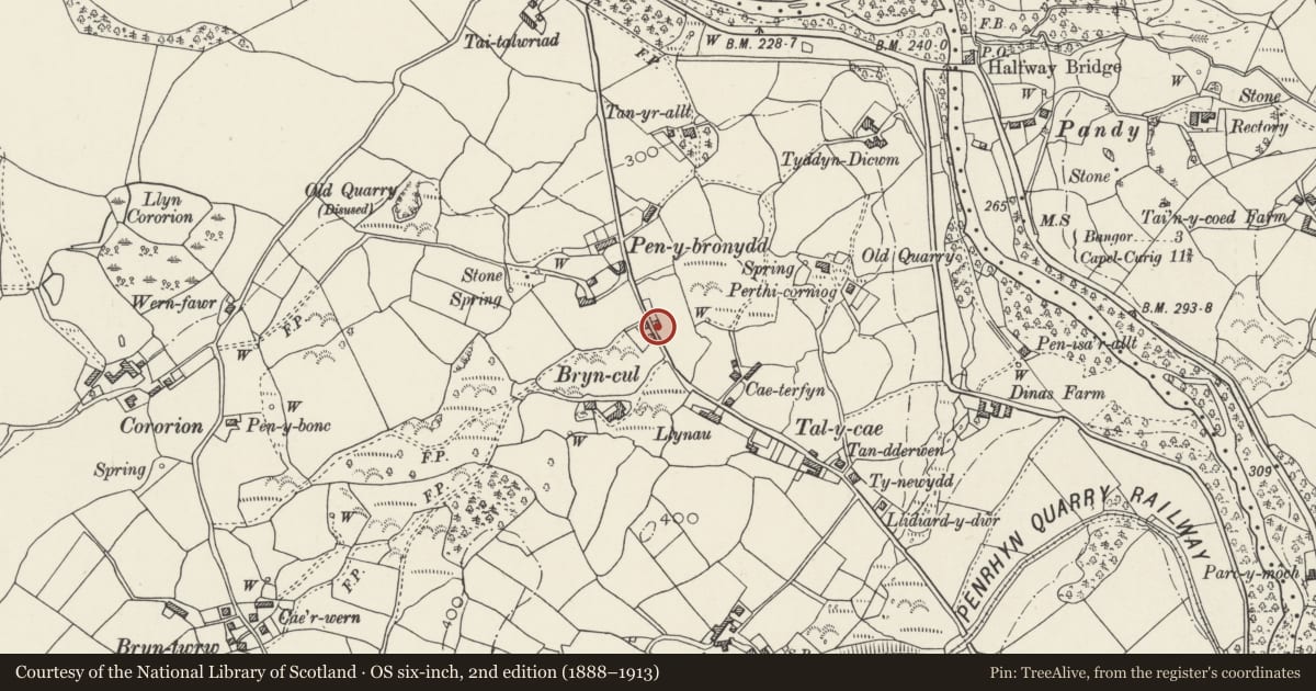 Ordnance Survey six-inch map, 2nd edition (1888–1913) covering the location of Caeherfyn Cottage, Llandygai, Gwynedd, with a pin at the register's coordinates