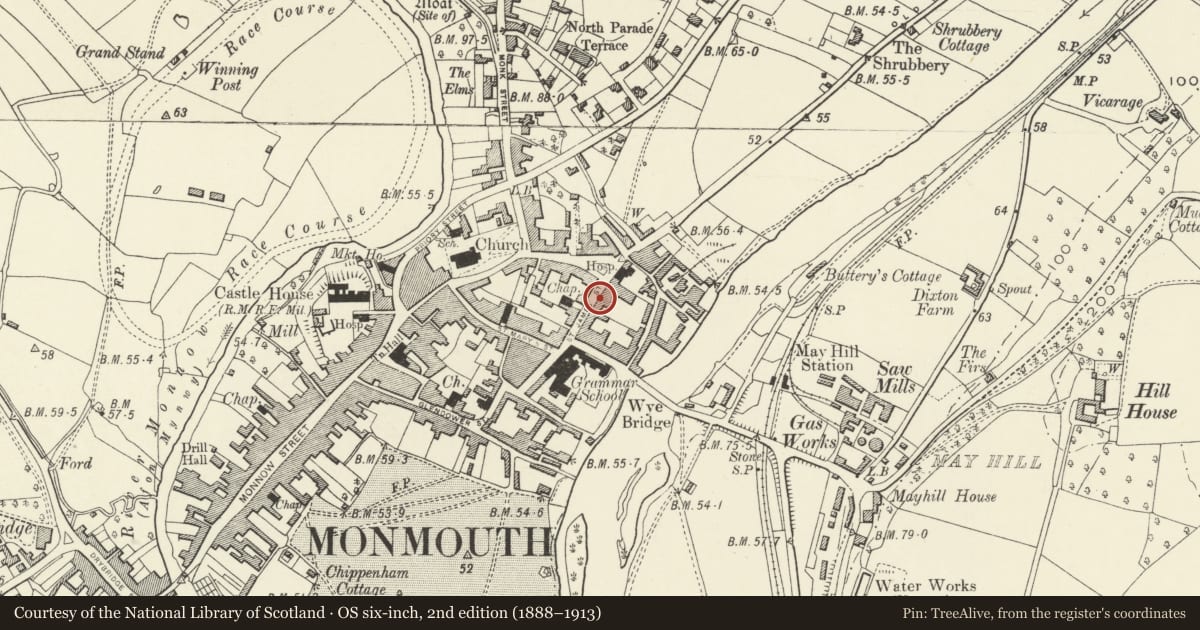 Ordnance Survey six-inch map, 2nd edition (1888–1913) covering the location of 11 St. James' Street, Monmouth, Monmouthshire, with a pin at the register's coordinates