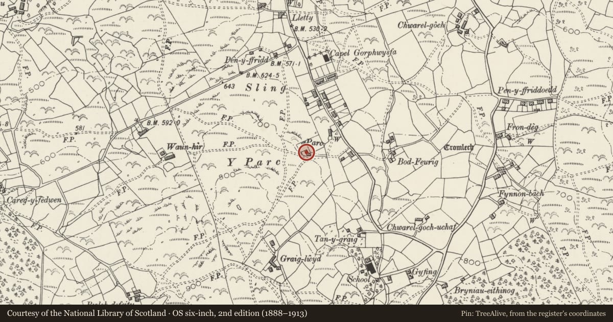 Ordnance Survey six-inch map, 2nd edition (1888–1913) covering the location of Y Parc, Llandygai, Gwynedd, with a pin at the register's coordinates
