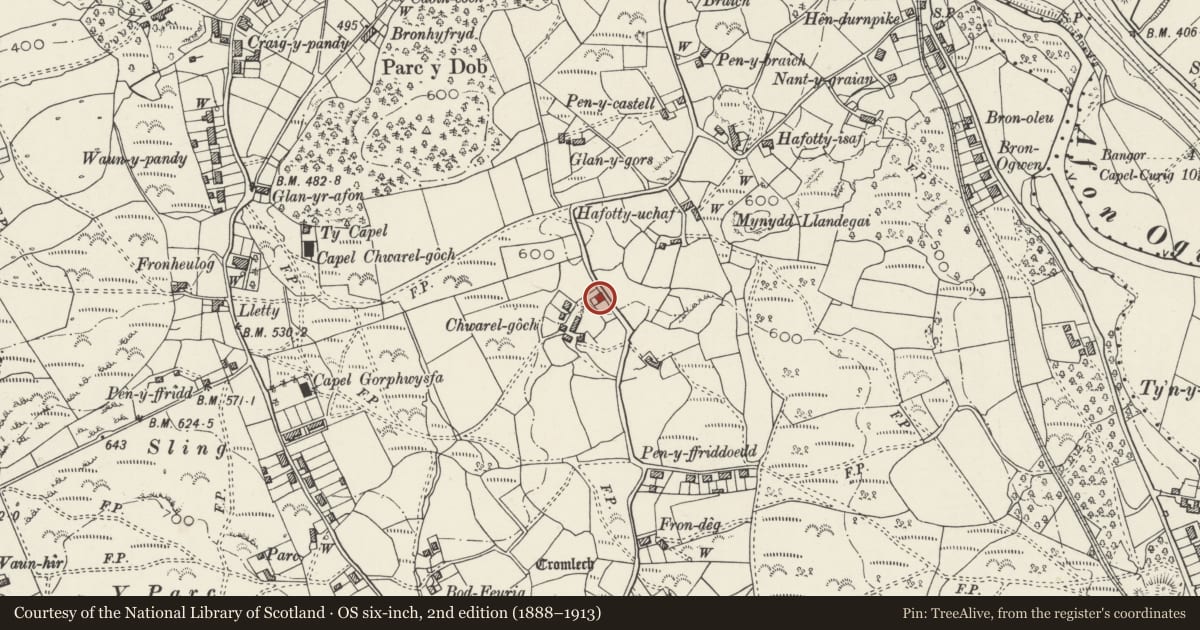 Ordnance Survey six-inch map, 2nd edition (1888–1913) covering the location of Pant-y-Lon, Llandygai, Gwynedd, with a pin at the register's coordinates