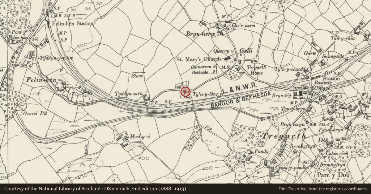 Ordnance Survey six-inch map, 2nd edition (1888–1913) covering the location of 1 B 4409, Llandygai, Gwynedd, with a pin at the register's coordinates
