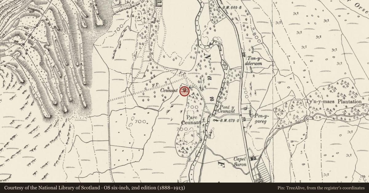 Ordnance Survey six-inch map, 2nd edition (1888–1913) covering the location of Ceunant, Llandygai, Gwynedd, with a pin at the register's coordinates