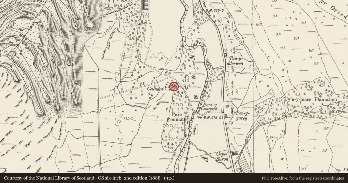 Ordnance Survey six-inch map, 2nd edition (1888–1913) covering the location of Outbuildings at Ceunant, Llandygai, Gwynedd, with a pin at the register's coordinates