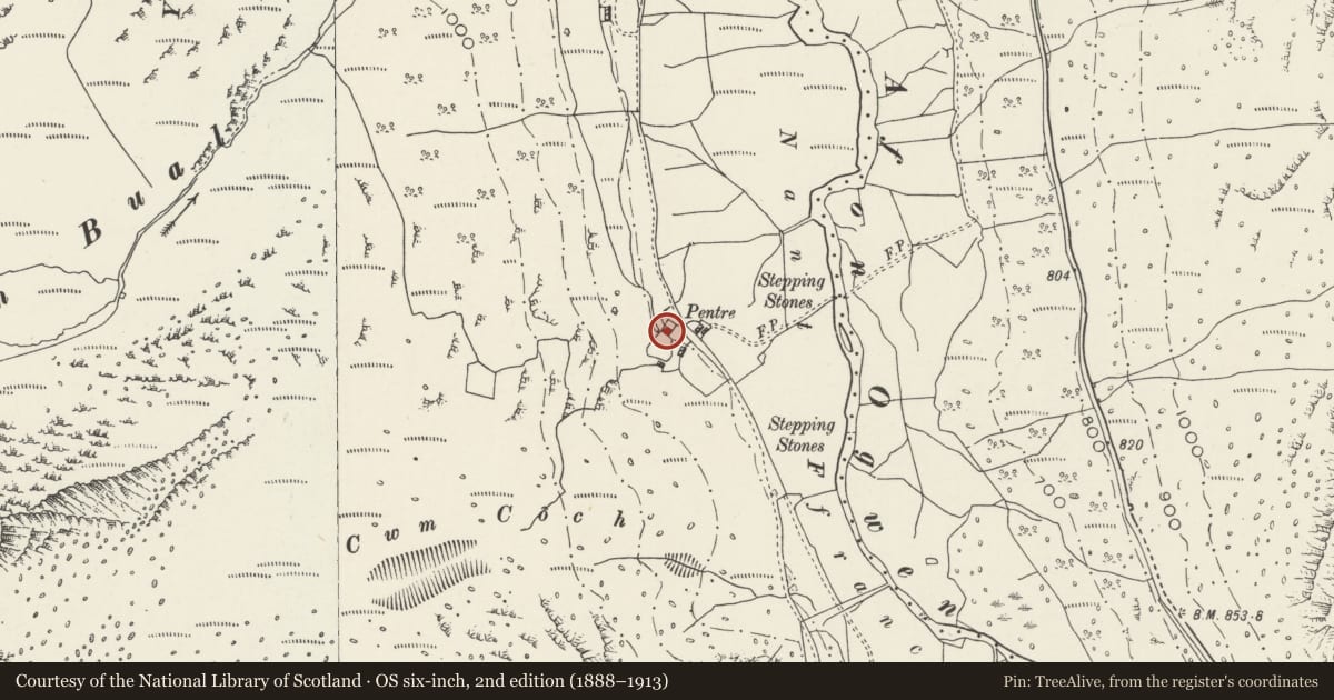 Ordnance Survey six-inch map, 2nd edition (1888–1913) covering the location of Pentre Farmhouse, Llandygai, Gwynedd, with a pin at the register's coordinates
