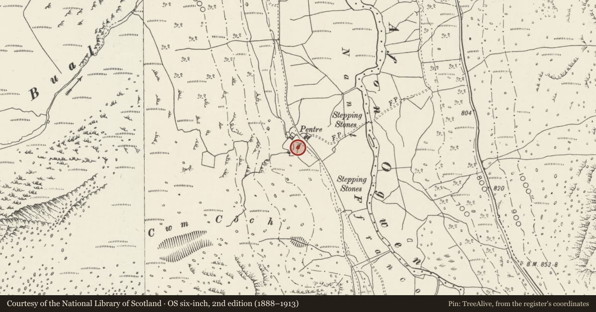 Ordnance Survey six-inch map, 2nd edition (1888–1913) covering the location of Stables at Pentre Farm, Llandygai, Gwynedd, with a pin at the register's coordinates