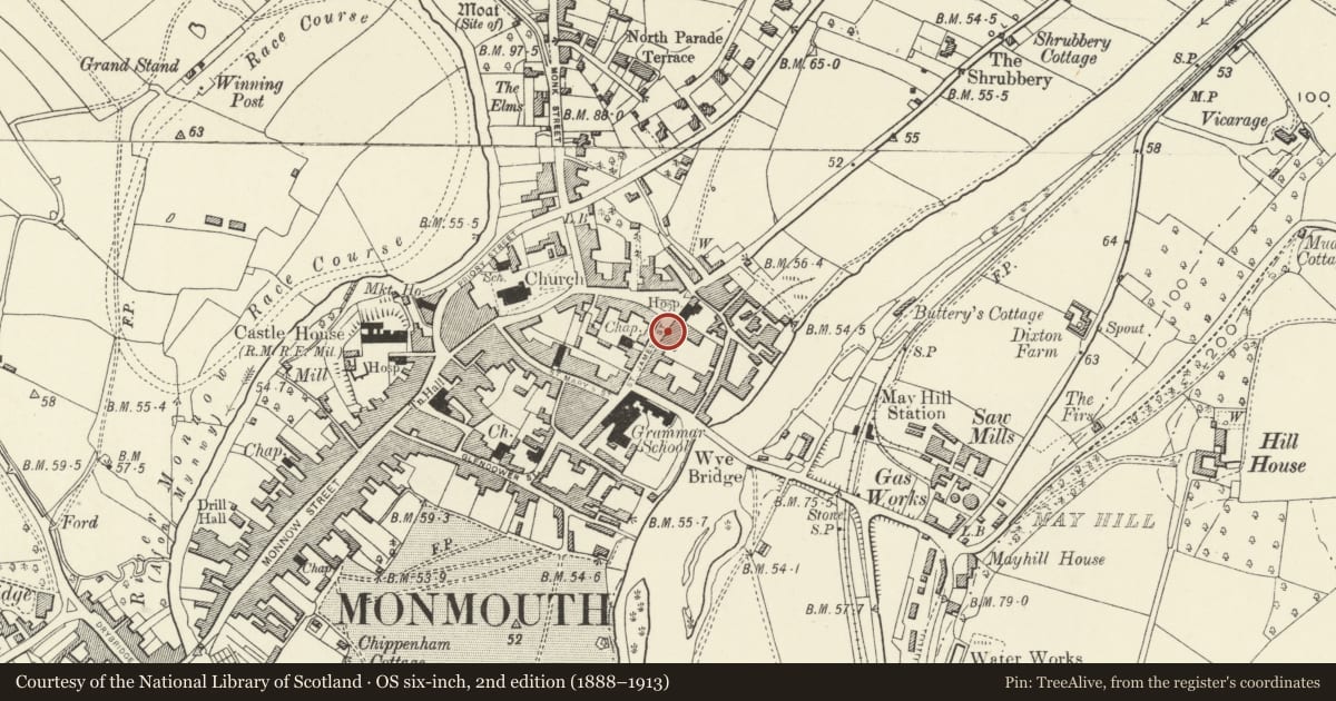 Ordnance Survey six-inch map, 2nd edition (1888–1913) covering the location of 15 St. James' Street, Monmouth, Monmouthshire, with a pin at the register's coordinates