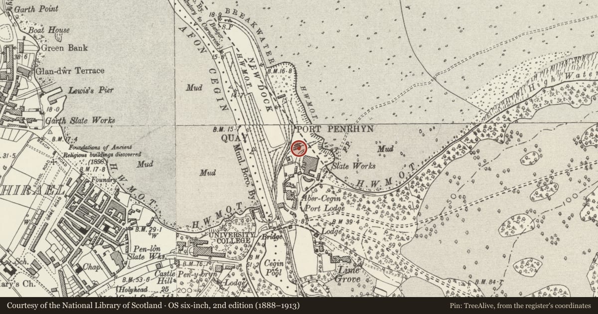 Ordnance Survey six-inch map, 2nd edition (1888–1913) covering the location of Former Locomotive Shed, Llandygai, Gwynedd, with a pin at the register's coordinates