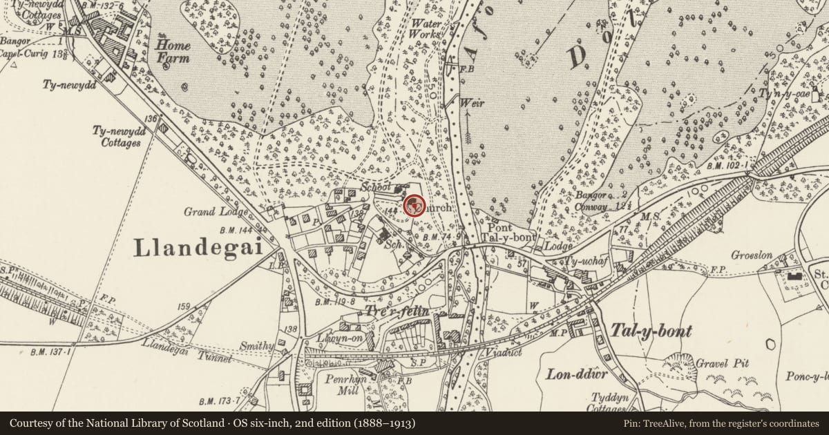 Ordnance Survey six-inch map, 2nd edition (1888–1913) covering the location of Wyatt Memorial at the Church of St Tegai, Llandygai, Gwynedd, with a pin at the register's coordinates
