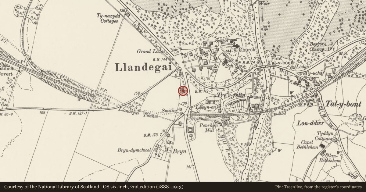 Ordnance Survey six-inch map, 2nd edition (1888–1913) covering the location of Ficardy, Llandygai, Gwynedd, with a pin at the register's coordinates