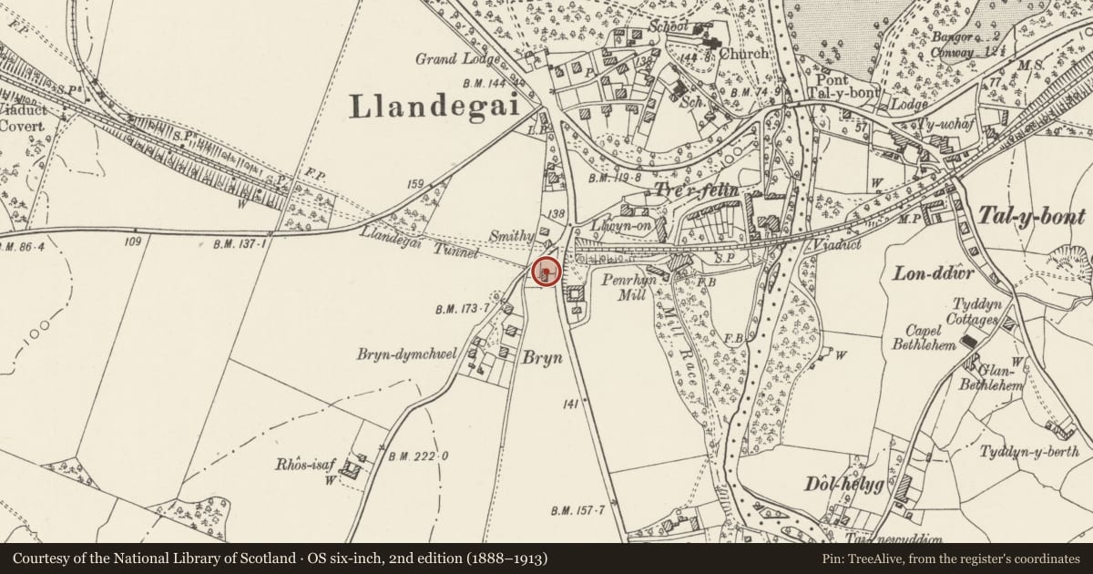 Ordnance Survey six-inch map, 2nd edition (1888–1913) covering the location of Tan-y-Bryn, Llandygai, Gwynedd, with a pin at the register's coordinates
