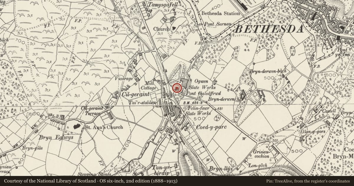 Ordnance Survey six-inch map, 2nd edition (1888–1913) covering the location of New Mill House, Llandygai, Gwynedd, with a pin at the register's coordinates