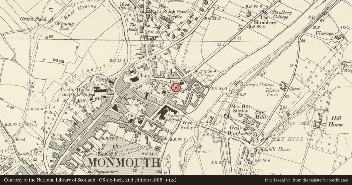 Ordnance Survey six-inch map, 2nd edition (1888–1913) covering the location of 19 St. James' Street, Monmouth, Monmouthshire, with a pin at the register's coordinates