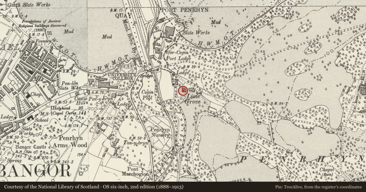 Ordnance Survey six-inch map, 2nd edition (1888–1913) covering the location of Former Stables at Plas y Coed, Llandygai, Gwynedd, with a pin at the register's coordinates