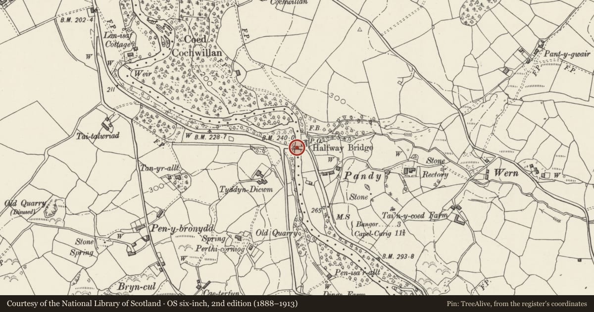 Ordnance Survey six-inch map, 2nd edition (1888–1913) covering the location of Halfway Bridge (partly in Llanllechid community), Llandygai, Gwynedd, with a pin at the register's coordinates