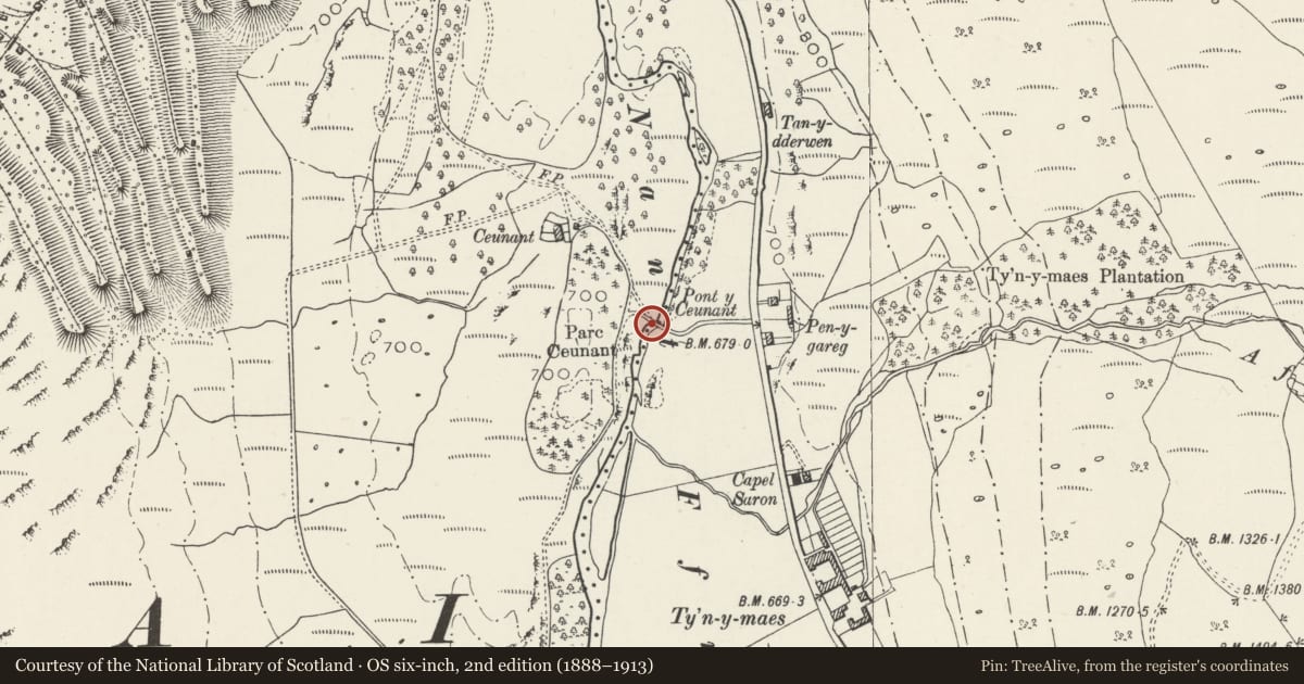 Ordnance Survey six-inch map, 2nd edition (1888–1913) covering the location of Pont y Ceunant (partly in Llanllechid community), Llandygai, Gwynedd, with a pin at the register's coordinates