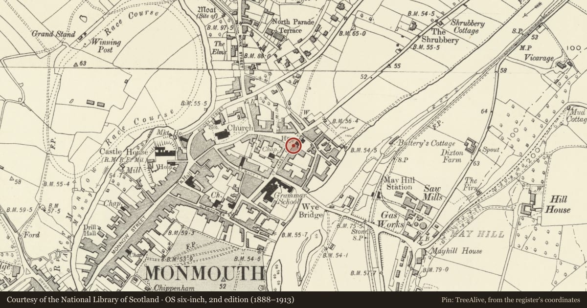 Ordnance Survey six-inch map, 2nd edition (1888–1913) covering the location of 21 St. James' Square, Monmouth, Monmouthshire, with a pin at the register's coordinates