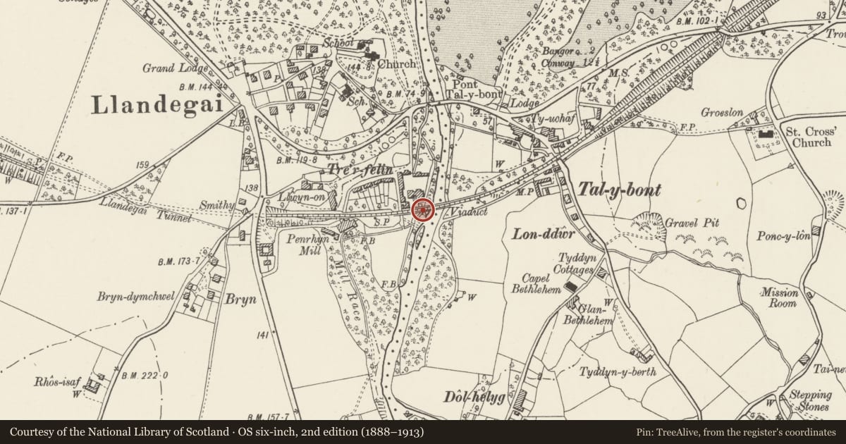 Ordnance Survey six-inch map, 2nd edition (1888–1913) covering the location of Railway Viaduct (partly in Llanllechid community), Llandygai, Gwynedd, with a pin at the register's coordinates