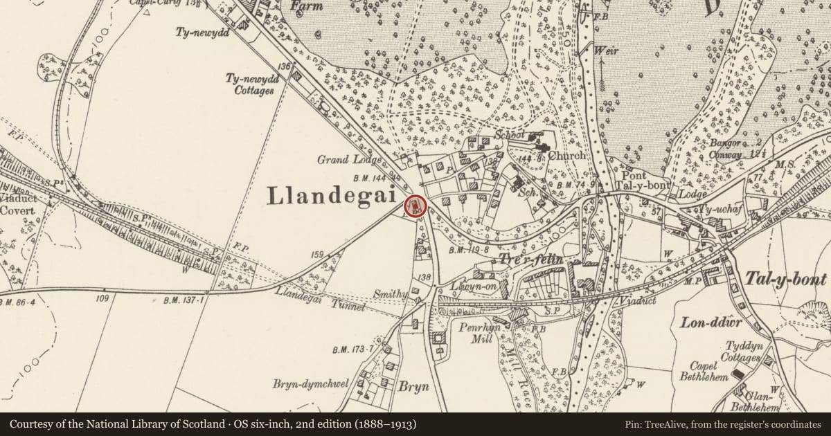 Ordnance Survey six-inch map, 2nd edition (1888–1913) covering the location of Bodeilian, Llandygai, Gwynedd, with a pin at the register's coordinates