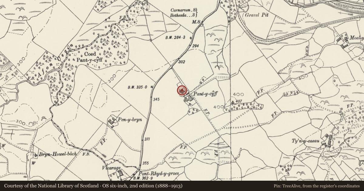 Ordnance Survey six-inch map, 2nd edition (1888–1913) covering the location of Pant-y-Cyff, Llandygai, Gwynedd, with a pin at the register's coordinates