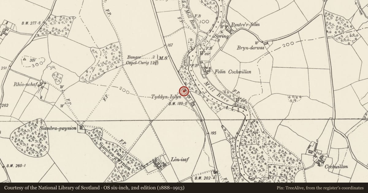 Ordnance Survey six-inch map, 2nd edition (1888–1913) covering the location of 1 Tyddyn Iolyn, Llandygai, Gwynedd, with a pin at the register's coordinates