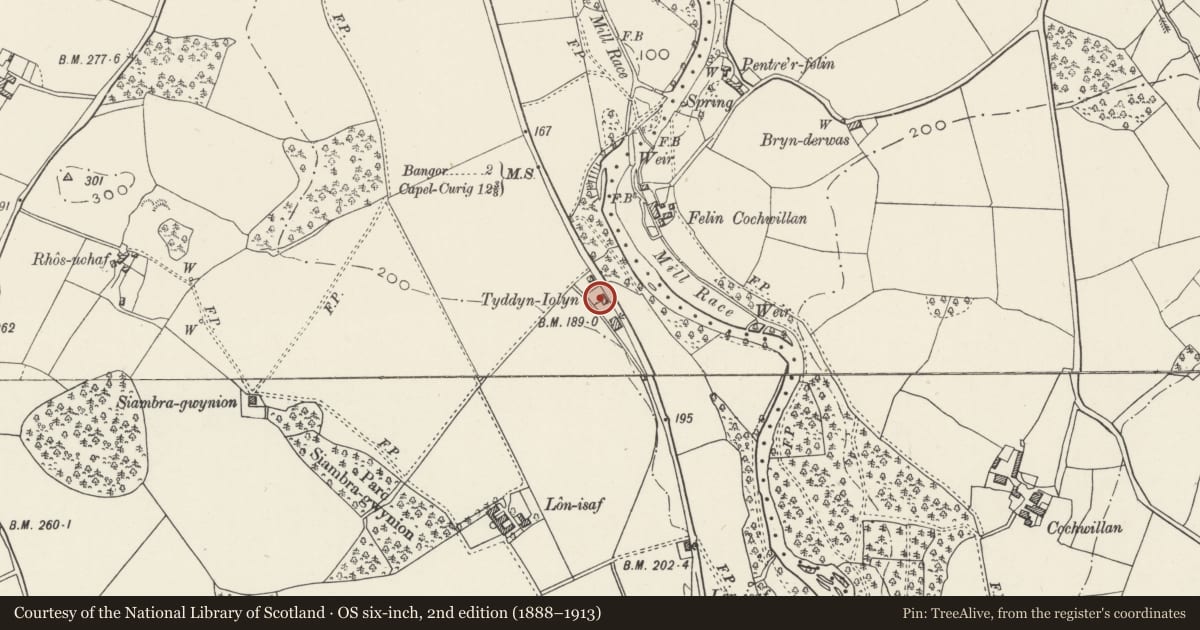 Ordnance Survey six-inch map, 2nd edition (1888–1913) covering the location of 2 Tyddyn Iolyn, Llandygai, Gwynedd, with a pin at the register's coordinates