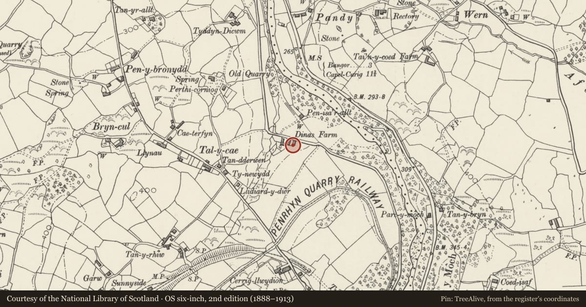 Ordnance Survey six-inch map, 2nd edition (1888–1913) covering the location of Dinas Farmhouse, Llandygai, Gwynedd, with a pin at the register's coordinates
