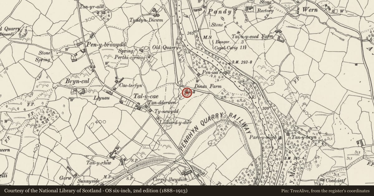 Ordnance Survey six-inch map, 2nd edition (1888–1913) covering the location of Cowhouse/Stables at Dinas, Llandygai, Gwynedd, with a pin at the register's coordinates