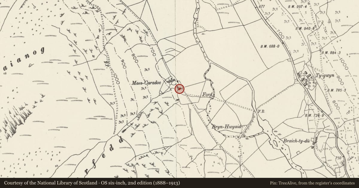 Ordnance Survey six-inch map, 2nd edition (1888–1913) covering the location of Cowhouse at Maes-Caradoc, Llandygai, Gwynedd, with a pin at the register's coordinates