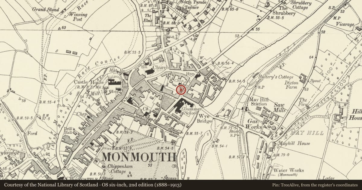 Ordnance Survey six-inch map, 2nd edition (1888–1913) covering the location of The Grange, Monmouth, Monmouthshire, with a pin at the register's coordinates