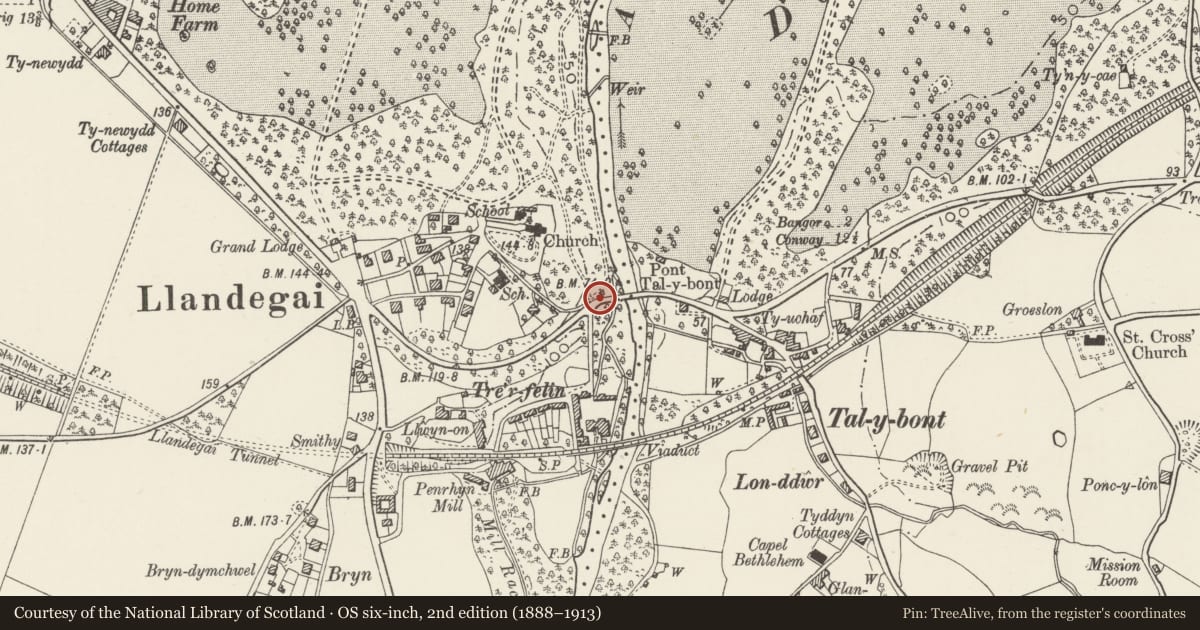 Ordnance Survey six-inch map, 2nd edition (1888–1913) covering the location of Horse Drinking Trough and Fountain, Llandygai, Gwynedd, with a pin at the register's coordinates