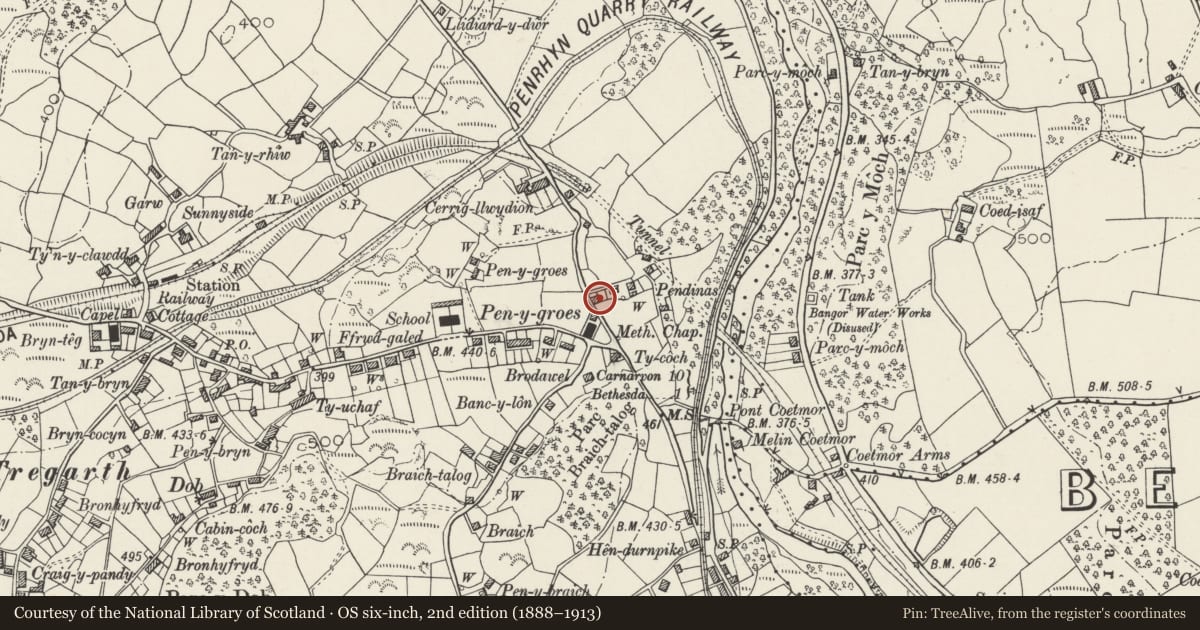 Ordnance Survey six-inch map, 2nd edition (1888–1913) covering the location of Pen Dinas, Llandygai, Gwynedd, with a pin at the register's coordinates