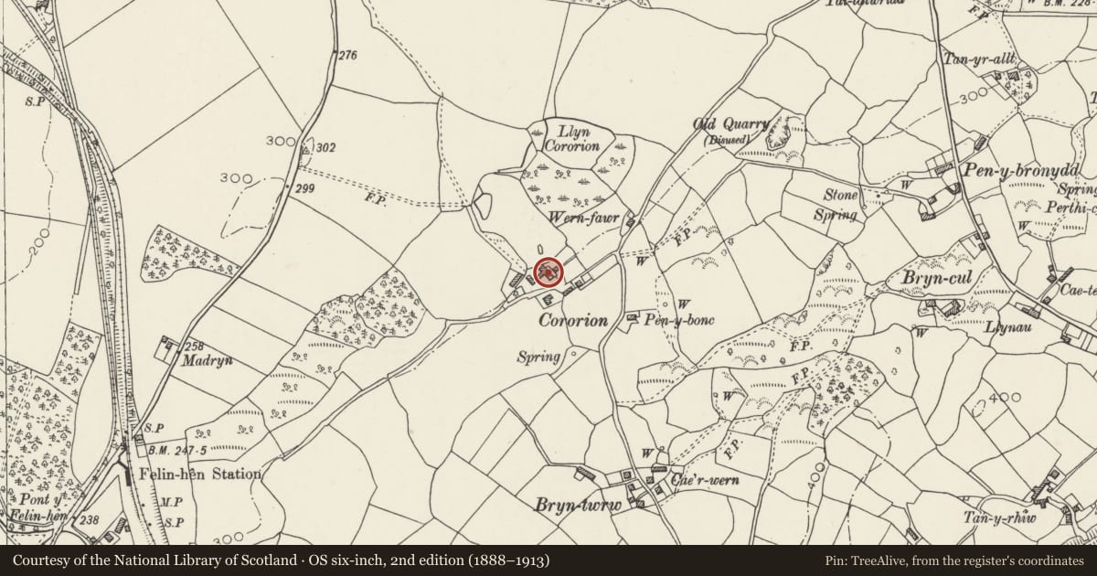 Ordnance Survey six-inch map, 2nd edition (1888–1913) covering the location of Farmbuildings at Cororion, Llandygai, Gwynedd, with a pin at the register's coordinates