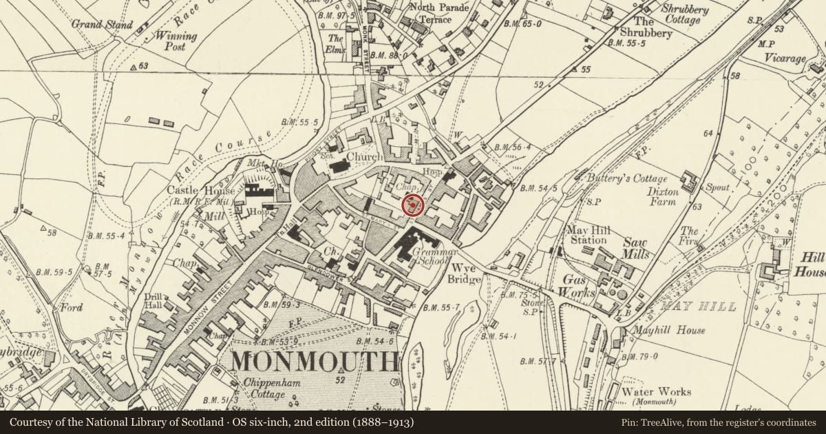 Ordnance Survey six-inch map, 2nd edition (1888–1913) covering the location of 14 St. James' Street, Monmouth, Monmouthshire, with a pin at the register's coordinates