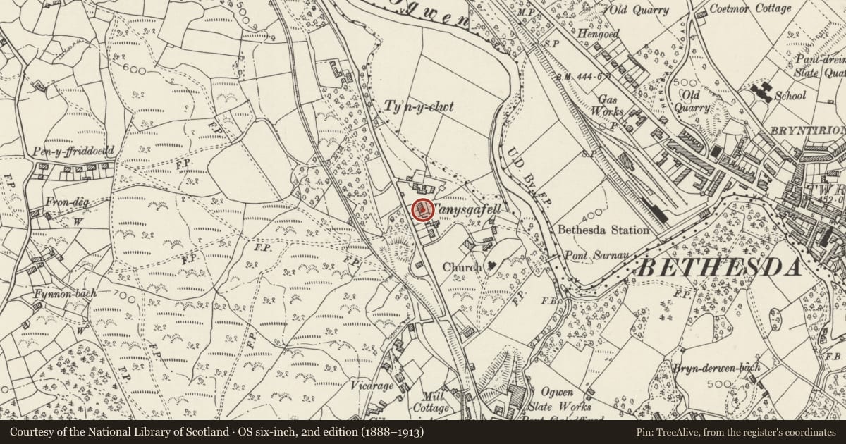 Ordnance Survey six-inch map, 2nd edition (1888–1913) covering the location of Tanysgafell, Llandygai, Gwynedd, with a pin at the register's coordinates