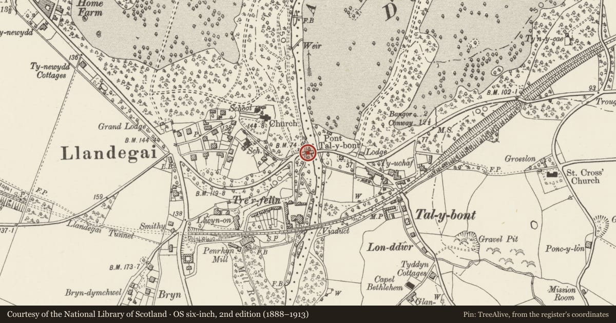 Ordnance Survey six-inch map, 2nd edition (1888–1913) covering the location of Pont Tal-y-bont (partly in Llanllechid community), Llandygai, Gwynedd, with a pin at the register's coordinates