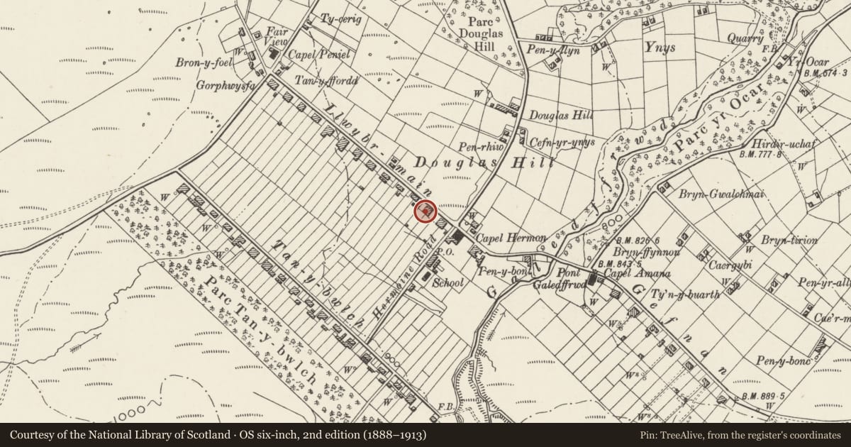 Ordnance Survey six-inch map, 2nd edition (1888–1913) covering the location of 23 Llwybr Main, Llandygai, Gwynedd, with a pin at the register's coordinates