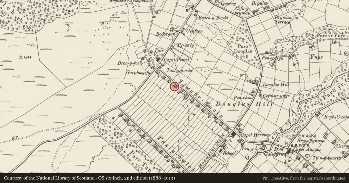 Ordnance Survey six-inch map, 2nd edition (1888–1913) covering the location of 7 Llwybr Main, Llandygai, Gwynedd, with a pin at the register's coordinates
