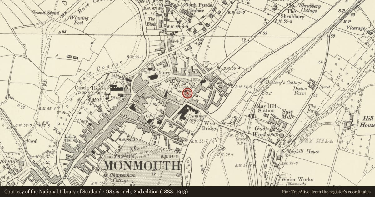 Ordnance Survey six-inch map, 2nd edition (1888–1913) covering the location of 16 St. James' Street, Monmouth, Monmouthshire, with a pin at the register's coordinates