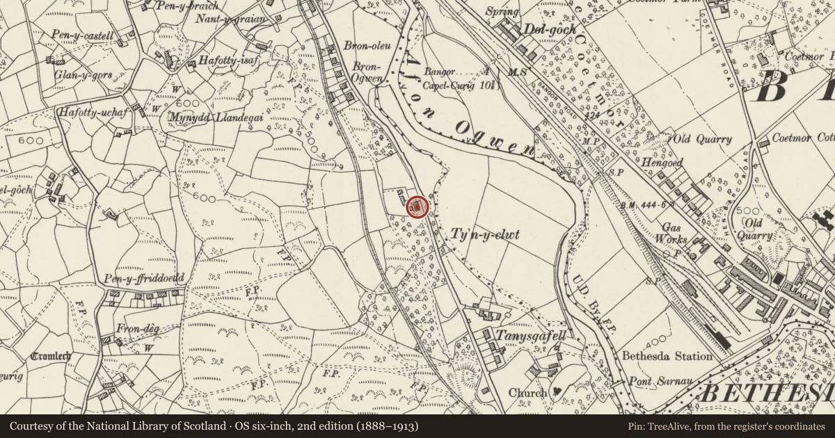 Ordnance Survey six-inch map, 2nd edition (1888–1913) covering the location of Fferm Tyn y Clwt, Llandygai, Gwynedd, with a pin at the register's coordinates