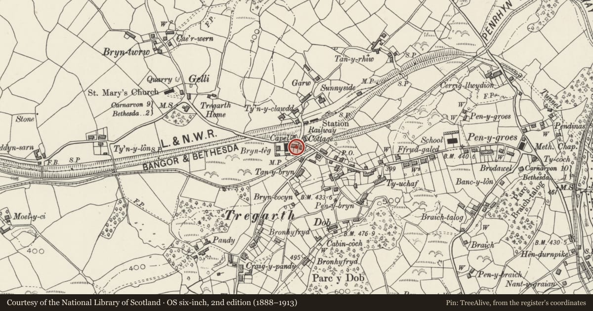 Ordnance Survey six-inch map, 2nd edition (1888–1913) covering the location of Hafan Deg, Llandygai, Gwynedd, with a pin at the register's coordinates